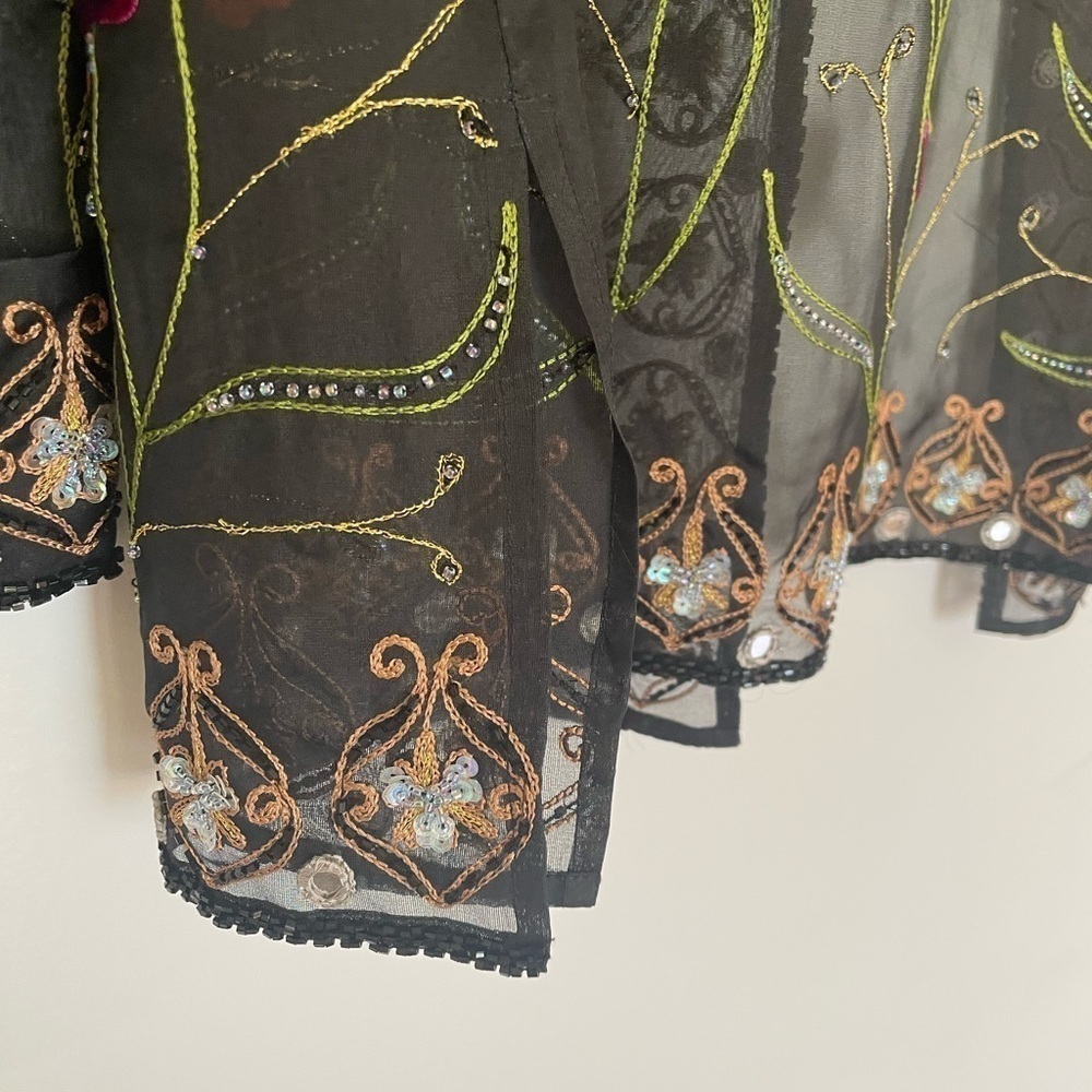 Black Sheer Open Front Long Jacket Blazer Embroidered Beading Stunning Floral M - Picture 8 of 10
